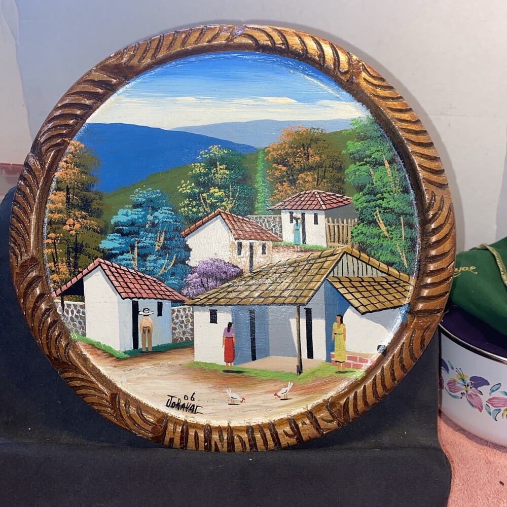 Vintage Signed Painting Wood Hand Carved Honduras Landscape/People/Village